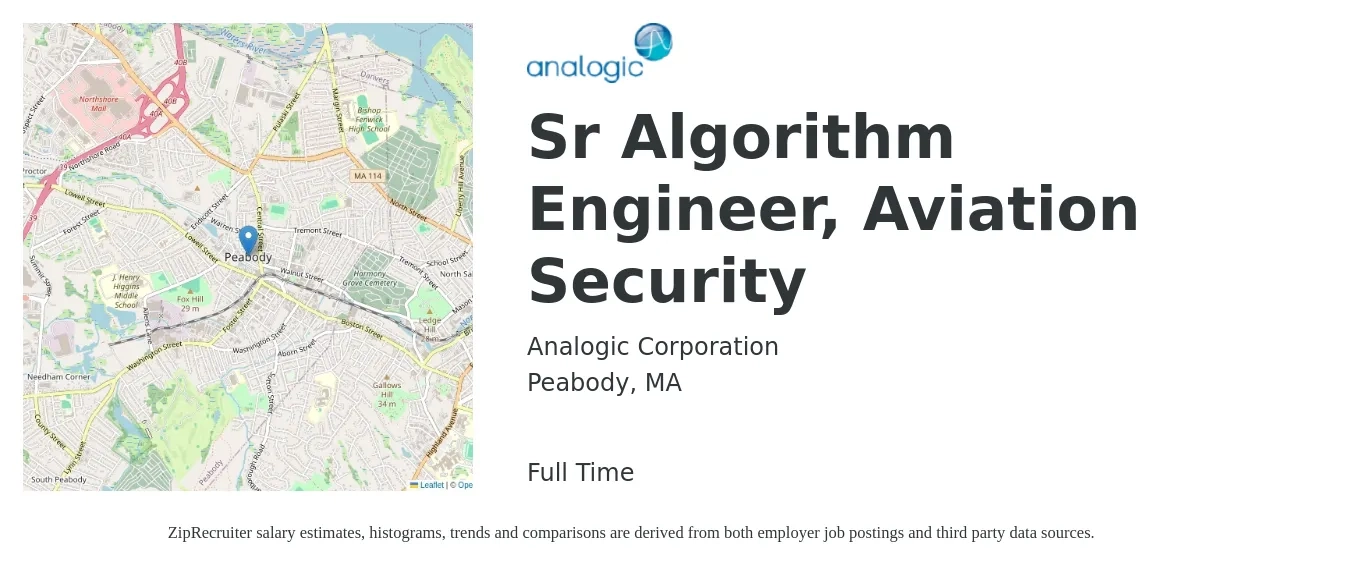 Analogic Corporation job posting for a Sr Algorithm Engineer, Aviation Security in Peabody, MA with a salary of $127,100 to $174,300 Yearly with a map of Peabody location.