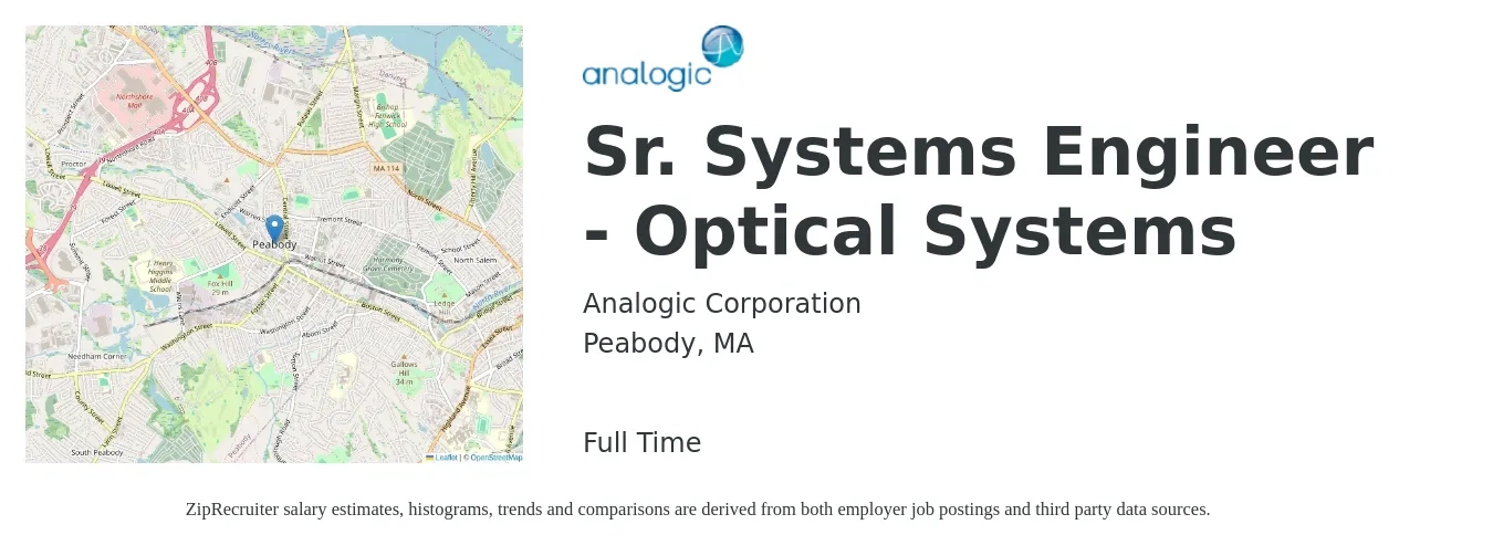 Analogic Corporation job posting for a Sr. Systems Engineer - Optical Systems in Peabody, MA with a salary of $116,000 to $158,700 Yearly with a map of Peabody location.