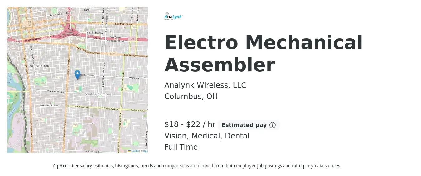 Analynk Wireless, LLC job posting for a Electro Mechanical Assembler in Columbus, OH with a salary of $19 to $23 Hourly and benefits including pto, retirement, vision, dental, life_insurance, and medical with a map of Columbus location.