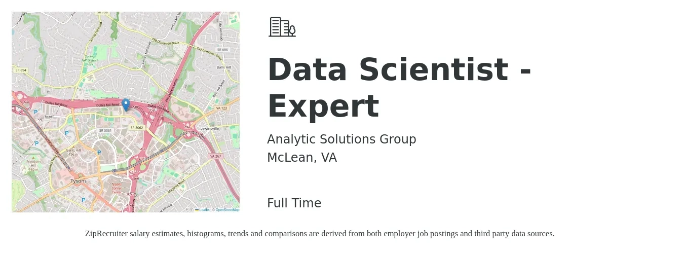 Analytic Solutions Group job posting for a Data Scientist - Expert in McLean, VA with a salary of $99,600 to $137,500 Yearly with a map of McLean location.
