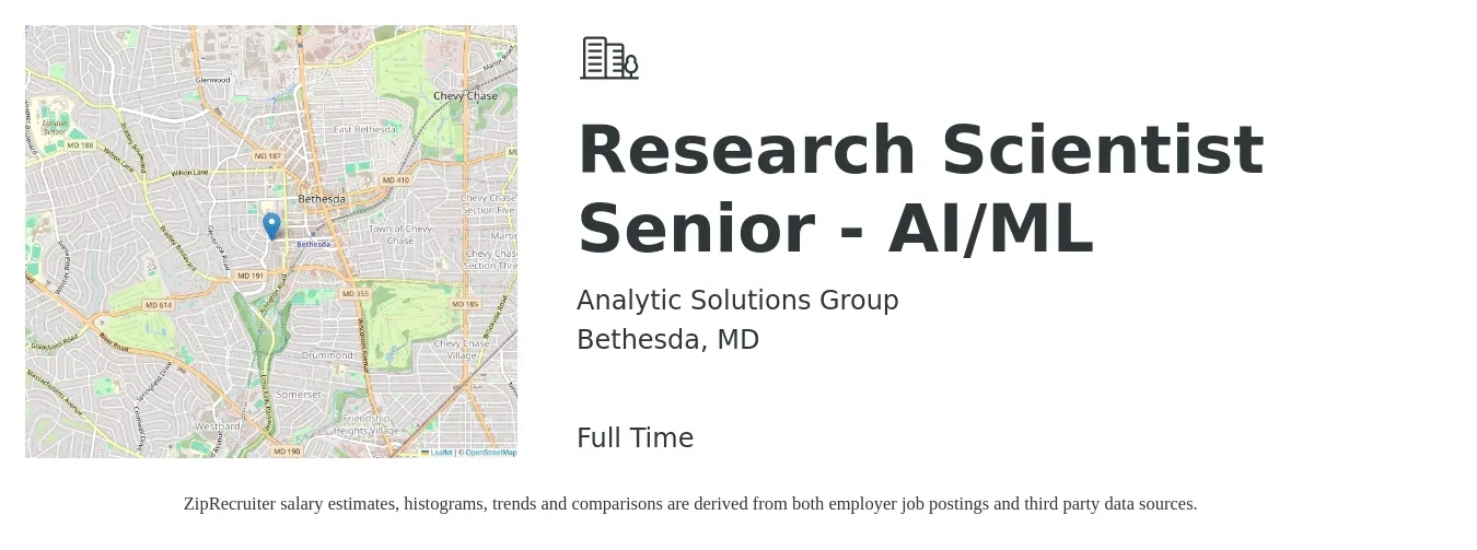 Analytic Solutions Group job posting for a Research Scientist Senior - AI/ML in Bethesda, MD with a salary of $105,400 to $134,300 Yearly with a map of Bethesda location.