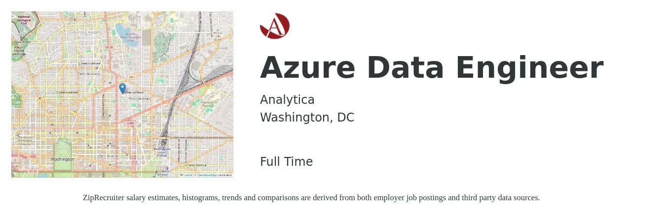 Analytica job posting for a Azure Data Engineer in Washington, DC with a salary of $129,200 to $155,100 Yearly with a map of Washington location.