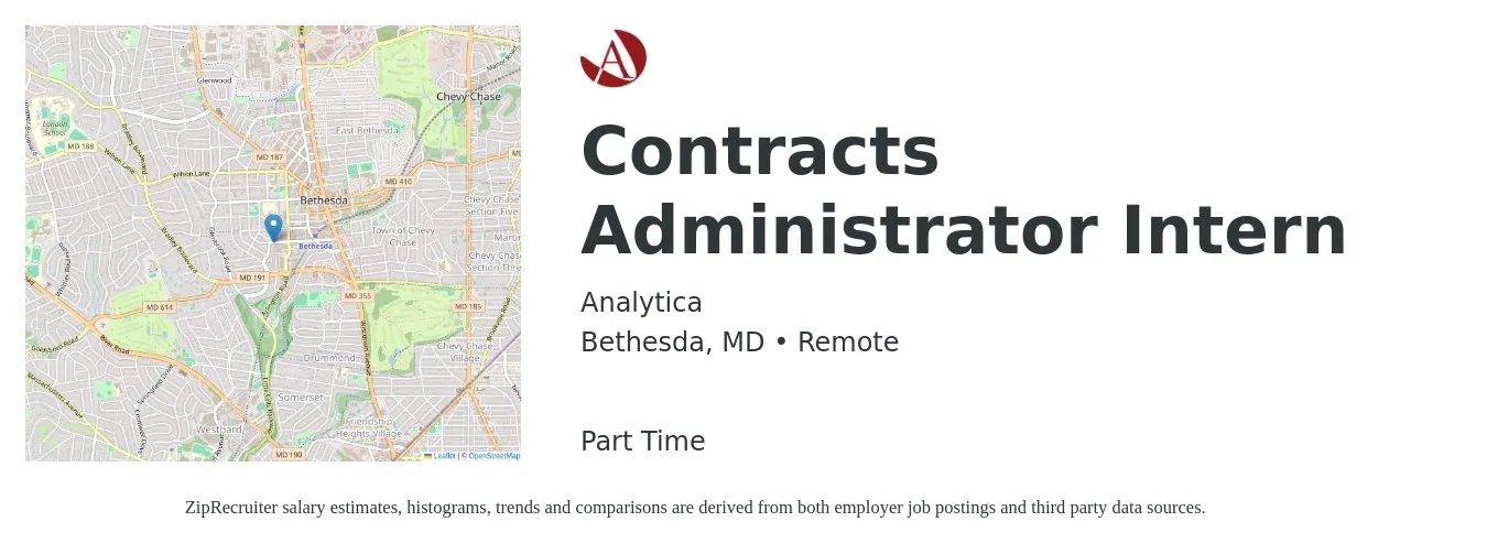 Analytica job posting for a Contracts Administrator Intern in Bethesda, MD with a salary of $61,000 to $94,200 Yearly with a map of Bethesda location.
