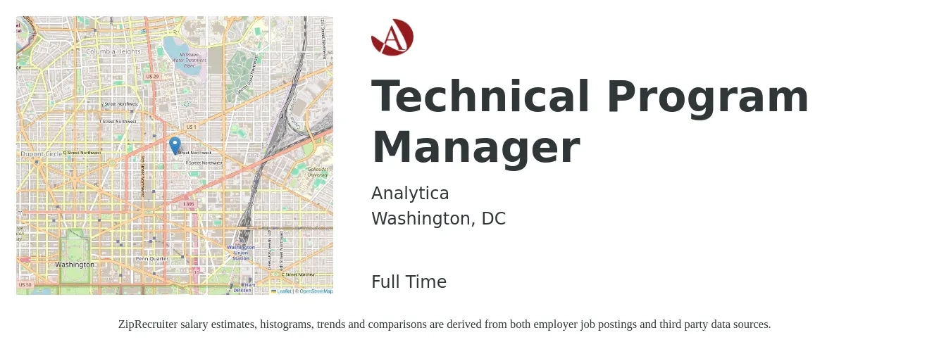 Analytica job posting for a Technical Program Manager in Washington, DC with a salary of $145,600 to $188,400 Yearly with a map of Washington location.