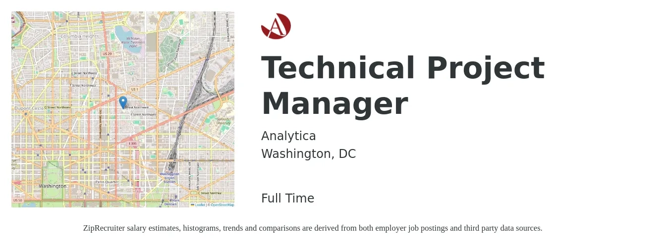 Analytica job posting for a Technical Project Manager in Washington, DC with a salary of $108,300 to $151,800 Yearly with a map of Washington location.