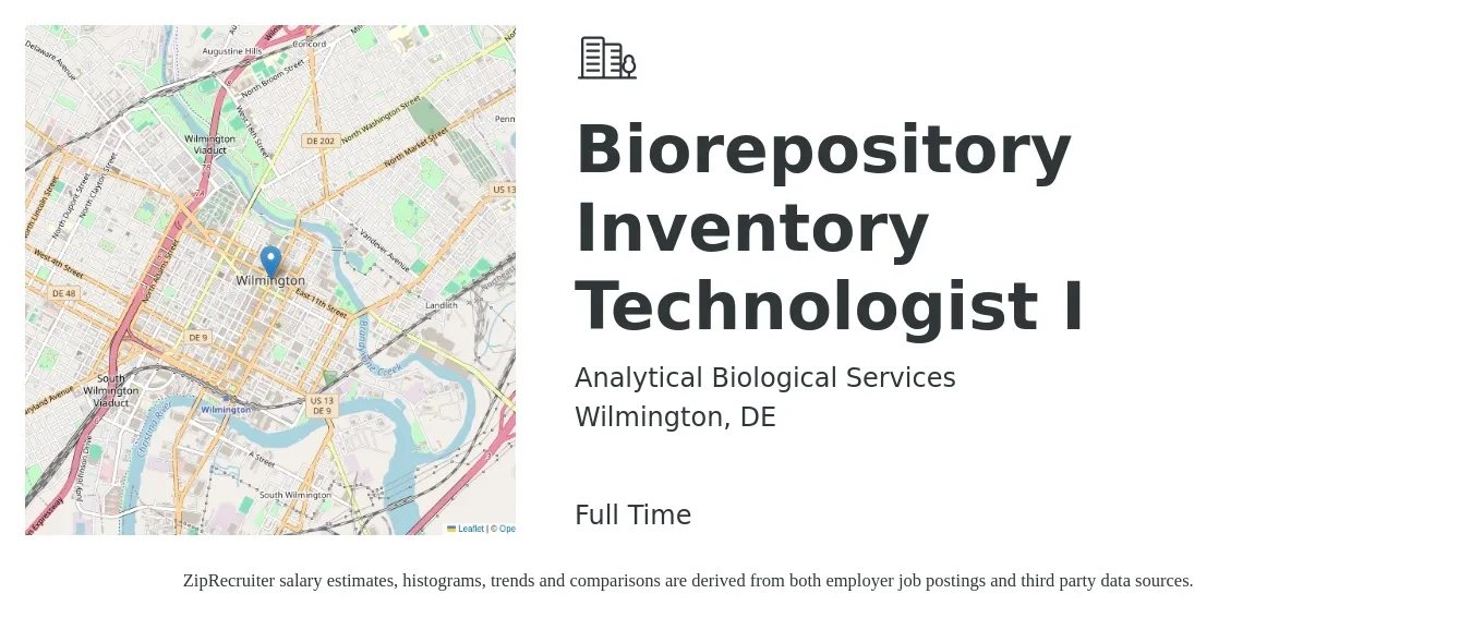 Analytical Biological Services job posting for a Biorepository Inventory Technologist I in Wilmington, DE with a salary of $22 to $40 Hourly with a map of Wilmington location.