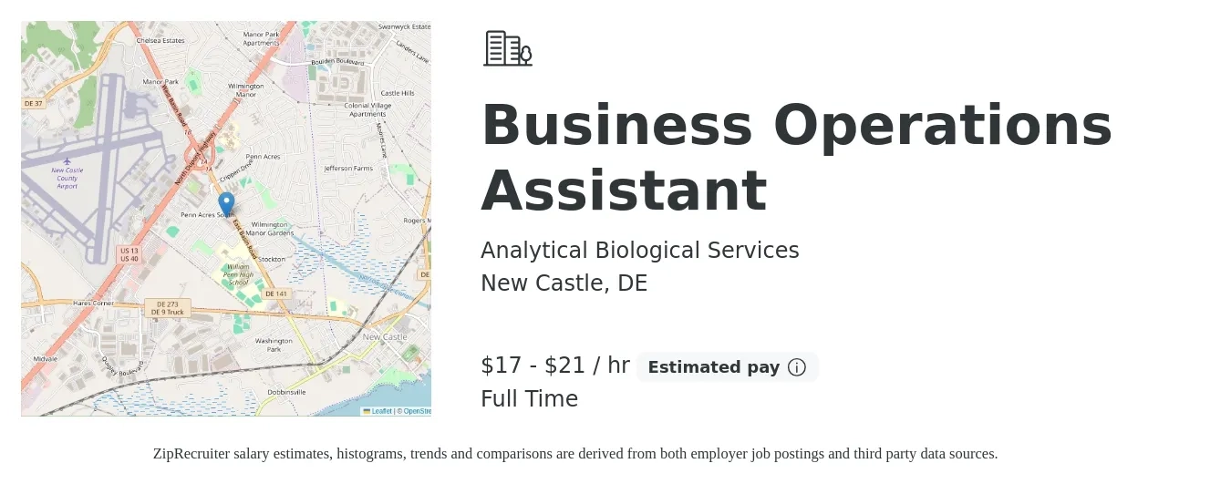 Analytical Biological Services job posting for a Business Operations Assistant in New Castle, DE with a salary of $18 to $22 Hourly with a map of New Castle location.