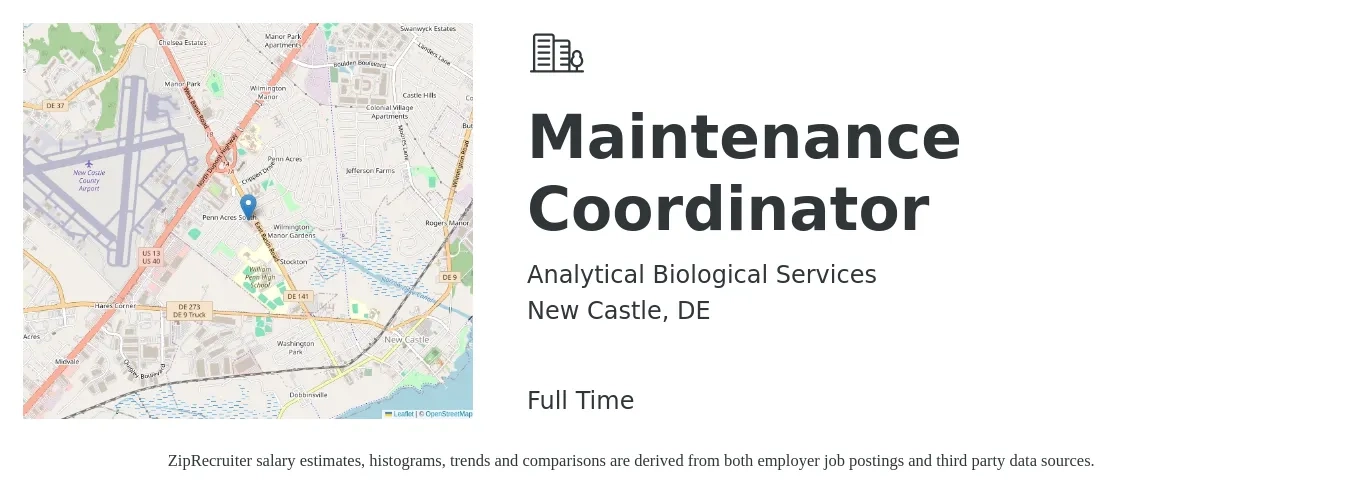 Analytical Biological Services job posting for a Maintenance Coordinator in New Castle, DE with a salary of $22 to $25 Hourly with a map of New Castle location.