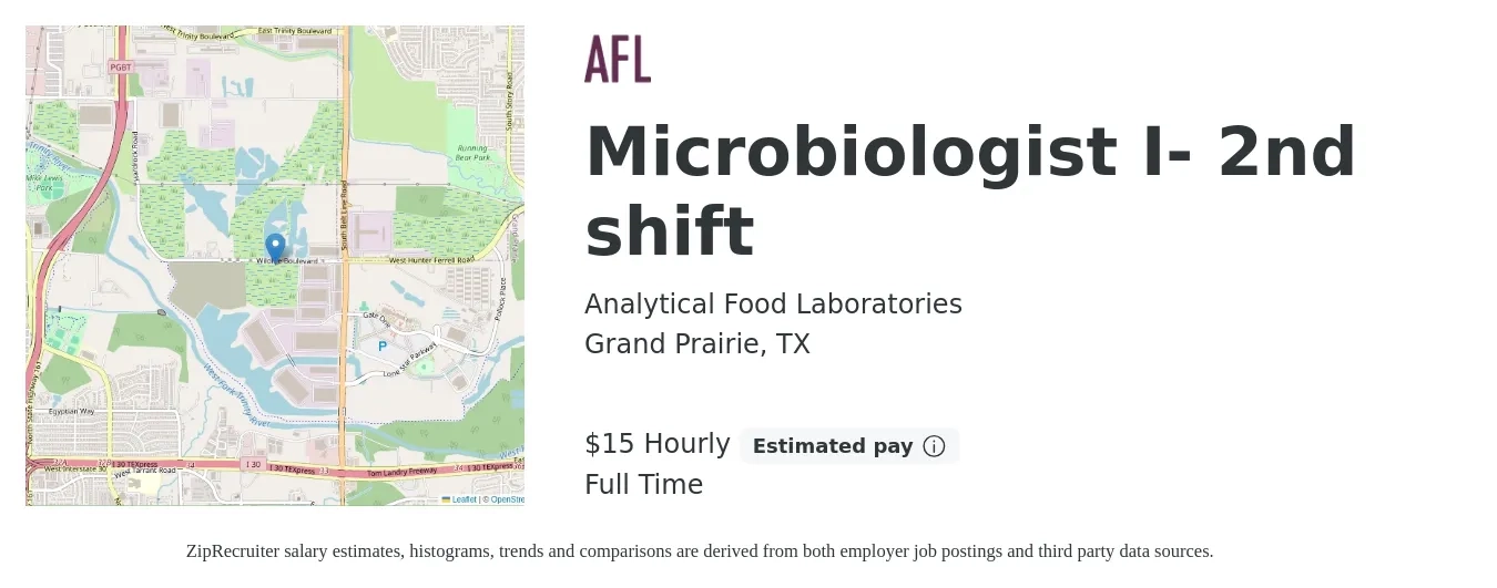 Analytical Food Laboratories job posting for a Microbiologist I- 2nd shift in Grand Prairie, TX with a salary of $16 Hourly with a map of Grand Prairie location.