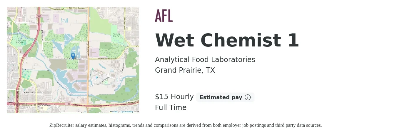 Analytical Food Laboratories job posting for a Wet Chemist 1 in Grand Prairie, TX with a salary of $16 Hourly with a map of Grand Prairie location.