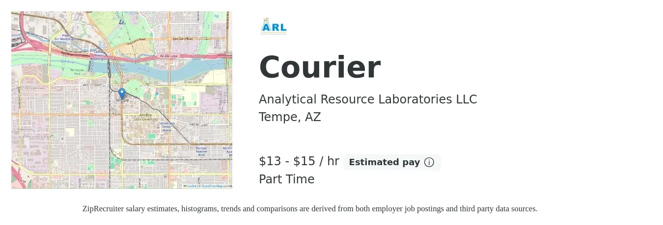 Analytical Resource Laboratories LLC job posting for a Courier in Tempe, AZ with a salary of $14 to $16 Hourly with a map of Tempe location.