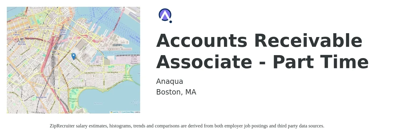 Anaqua job posting for a Accounts Receivable Associate - Part Time in Boston, MA with a salary of $21 to $27 Hourly with a map of Boston location.