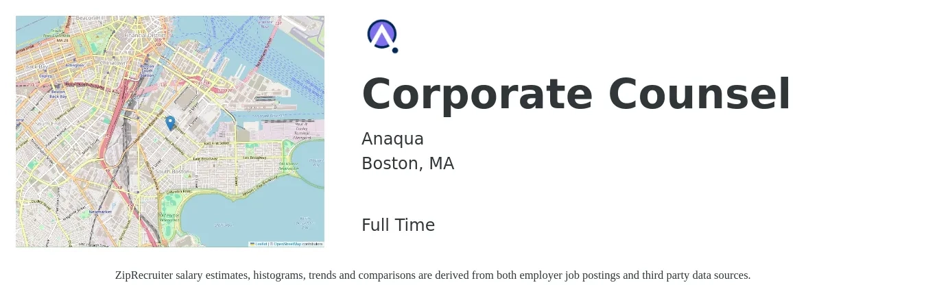 Anaqua job posting for a Corporate Counsel in Boston, MA with a salary of $141,600 to $199,900 Yearly with a map of Boston location.
