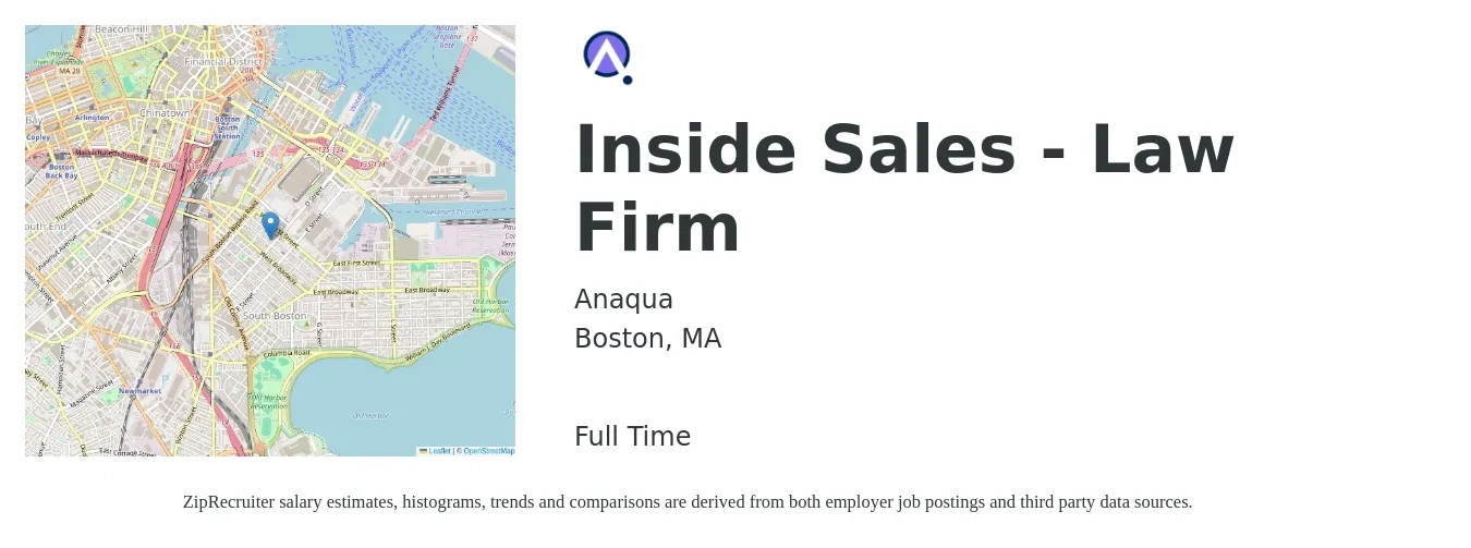 Anaqua job posting for a Inside Sales - Law Firm in Boston, MA with a salary of $42,900 to $64,100 Yearly with a map of Boston location.