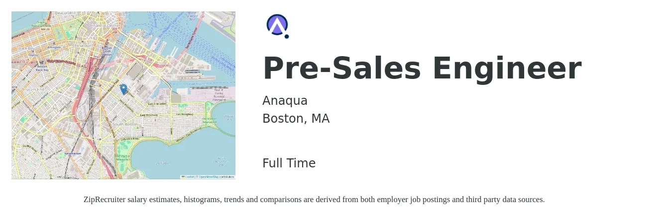Anaqua job posting for a Pre-Sales Engineer in Boston, MA with a salary of $81,500 to $122,200 Yearly with a map of Boston location.