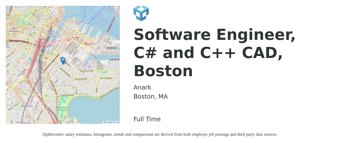 Anark job posting for a Software Engineer, C# and C++ CAD, Boston in Boston, MA with a salary of $76,000 to $129,800 Yearly with a map of Boston location.