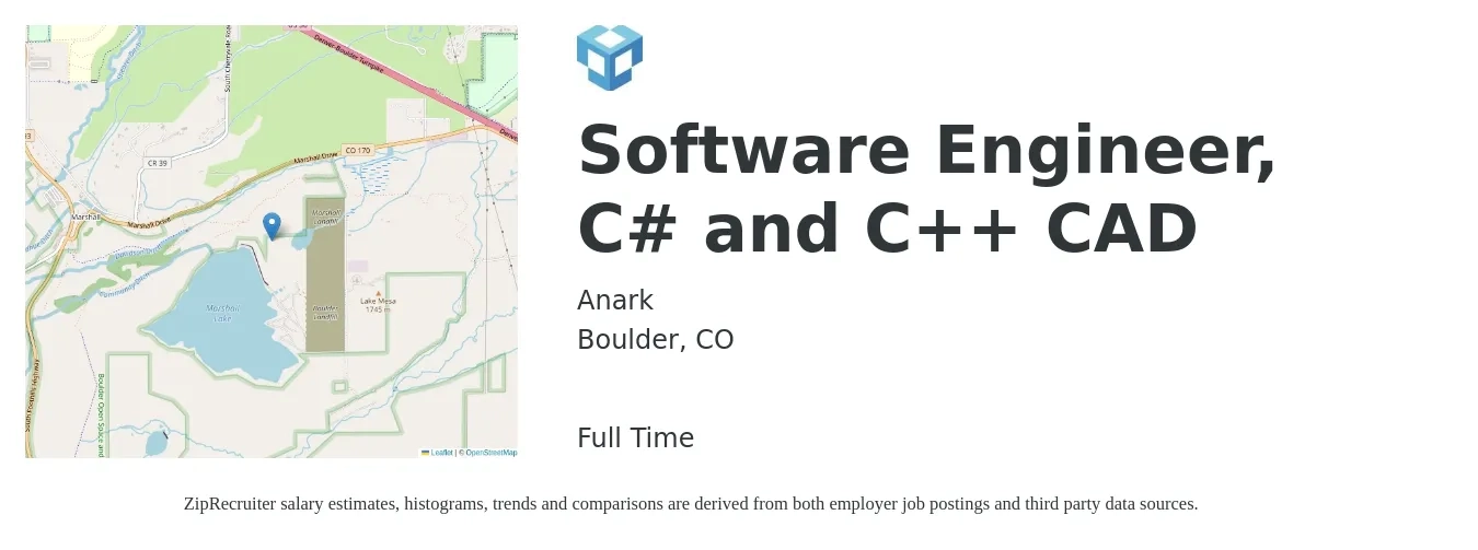 Anark job posting for a Software Engineer, C# and C++ CAD in Boulder, CO with a salary of $101,600 to $149,900 Yearly with a map of Boulder location.