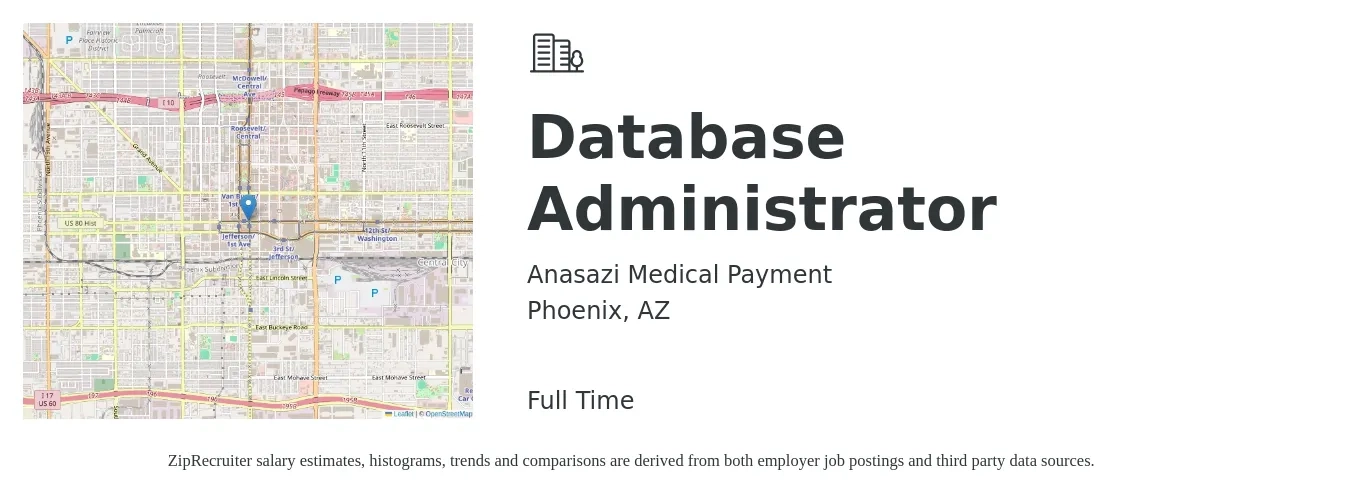 Anasazi Medical Payment job posting for a Database Administrator in Phoenix, AZ with a salary of $40 to $61 Hourly with a map of Phoenix location.
