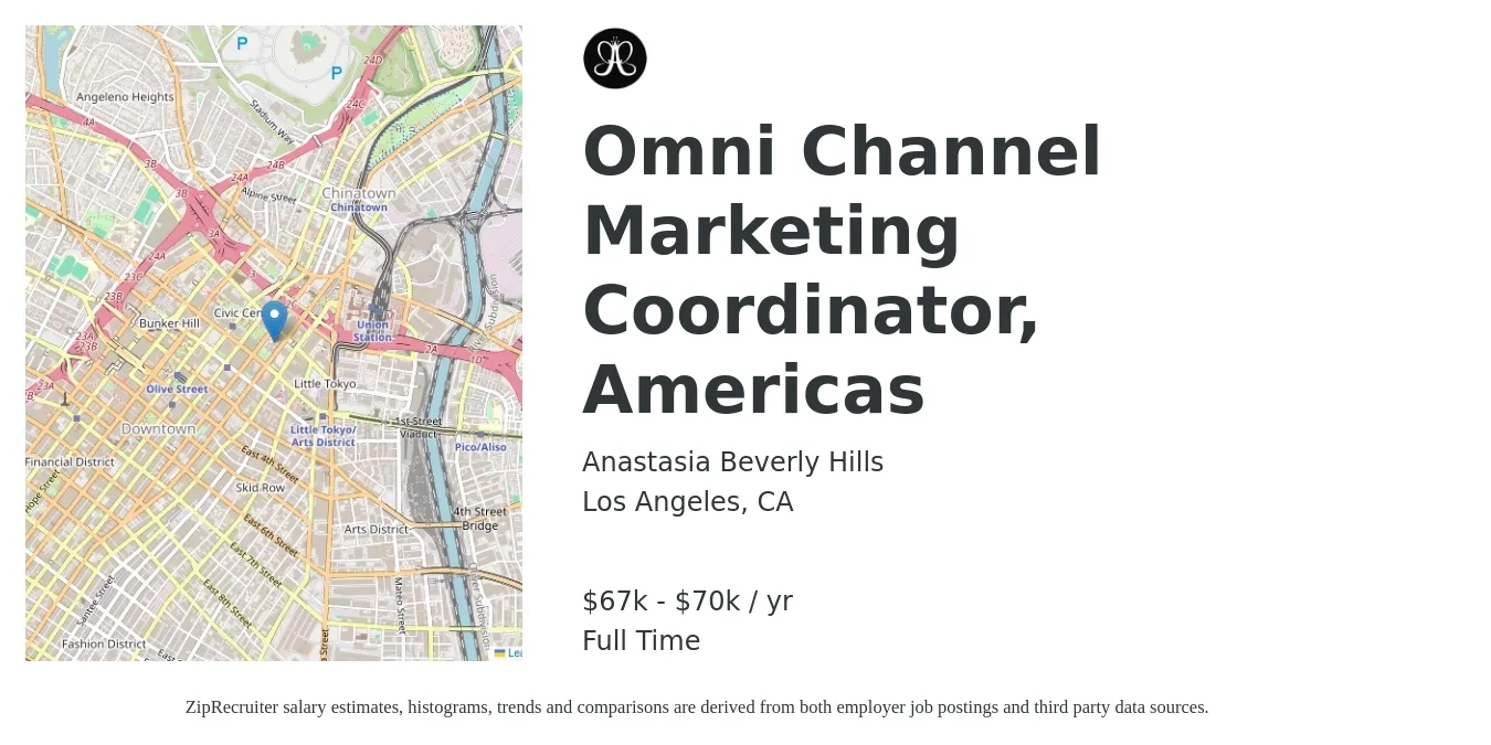 Anastasia Beverly Hills job posting for a Omni Channel Marketing Coordinator, Americas in Los Angeles, CA with a salary of $67,000 to $70,000 Yearly with a map of Los Angeles location.
