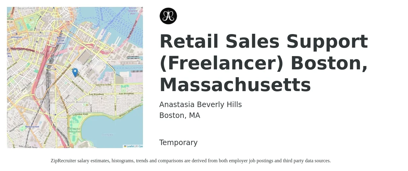 Anastasia Beverly Hills job posting for a Retail Sales Support (Freelancer) Boston, Massachusetts in Boston, MA with a salary of $16 to $19 Hourly with a map of Boston location.