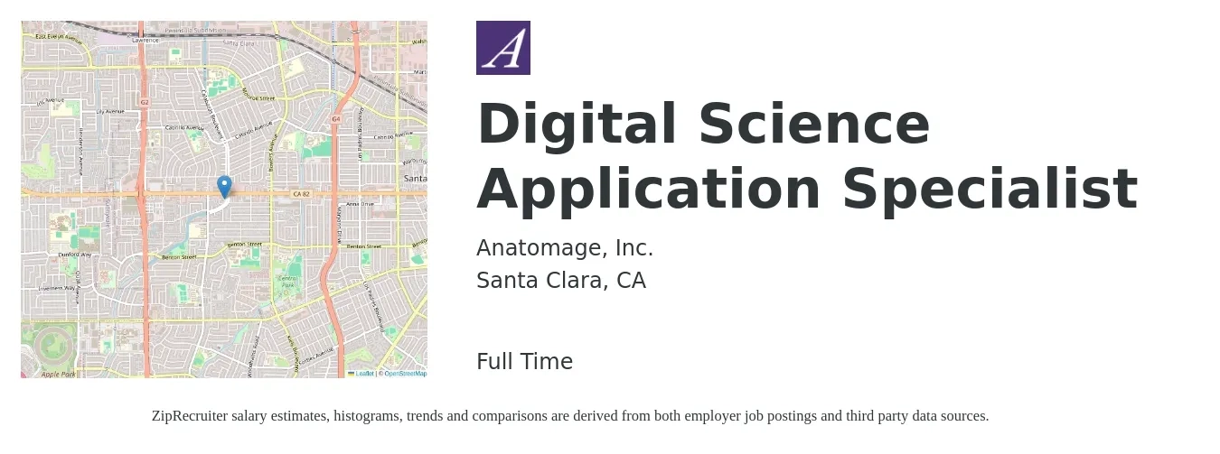 Anatomage, Inc. job posting for a Digital Science Application Specialist in Santa Clara, CA with a salary of $58,700 to $119,800 Yearly with a map of Santa Clara location.