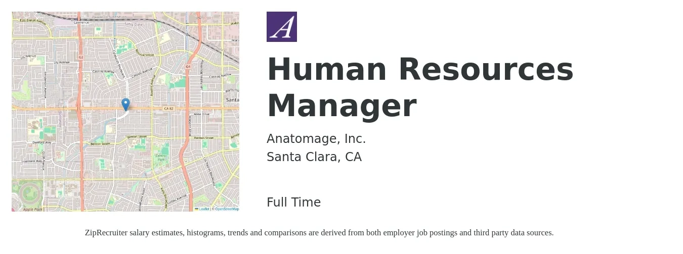 Anatomage, Inc. job posting for a Human Resources Manager in Santa Clara, CA with a salary of $81,500 to $118,100 Yearly with a map of Santa Clara location.