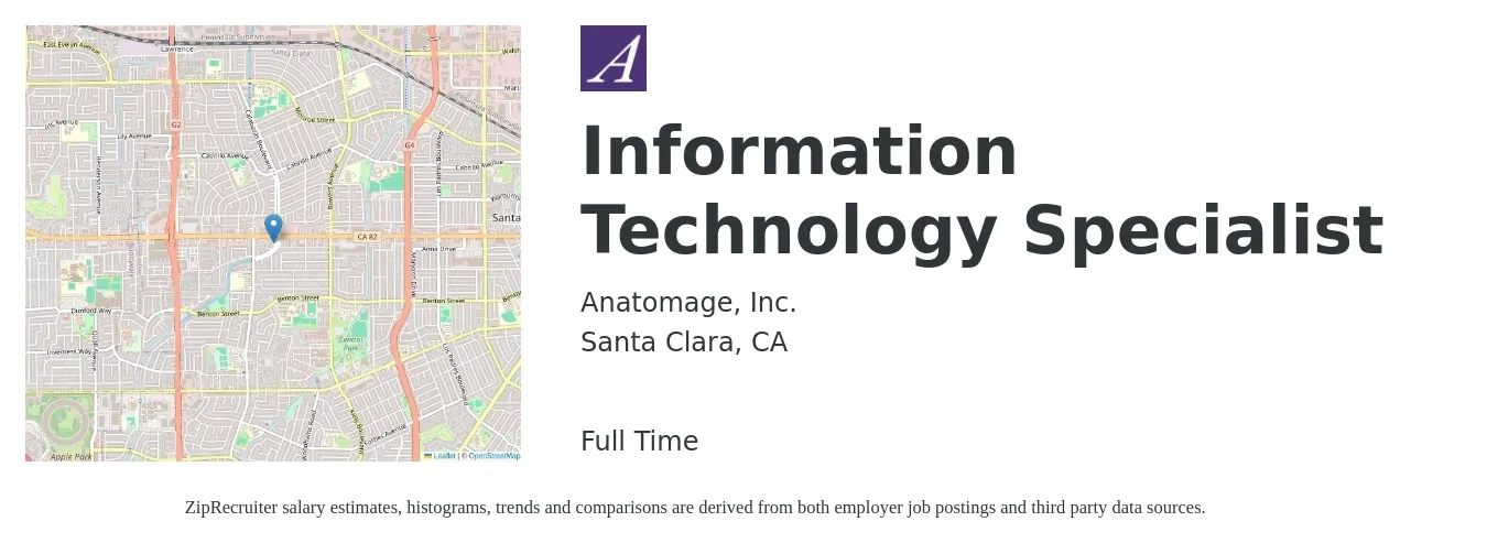 Anatomage, Inc. job posting for a Information Technology Specialist in Santa Clara, CA with a salary of $54,900 to $131,700 Yearly with a map of Santa Clara location.