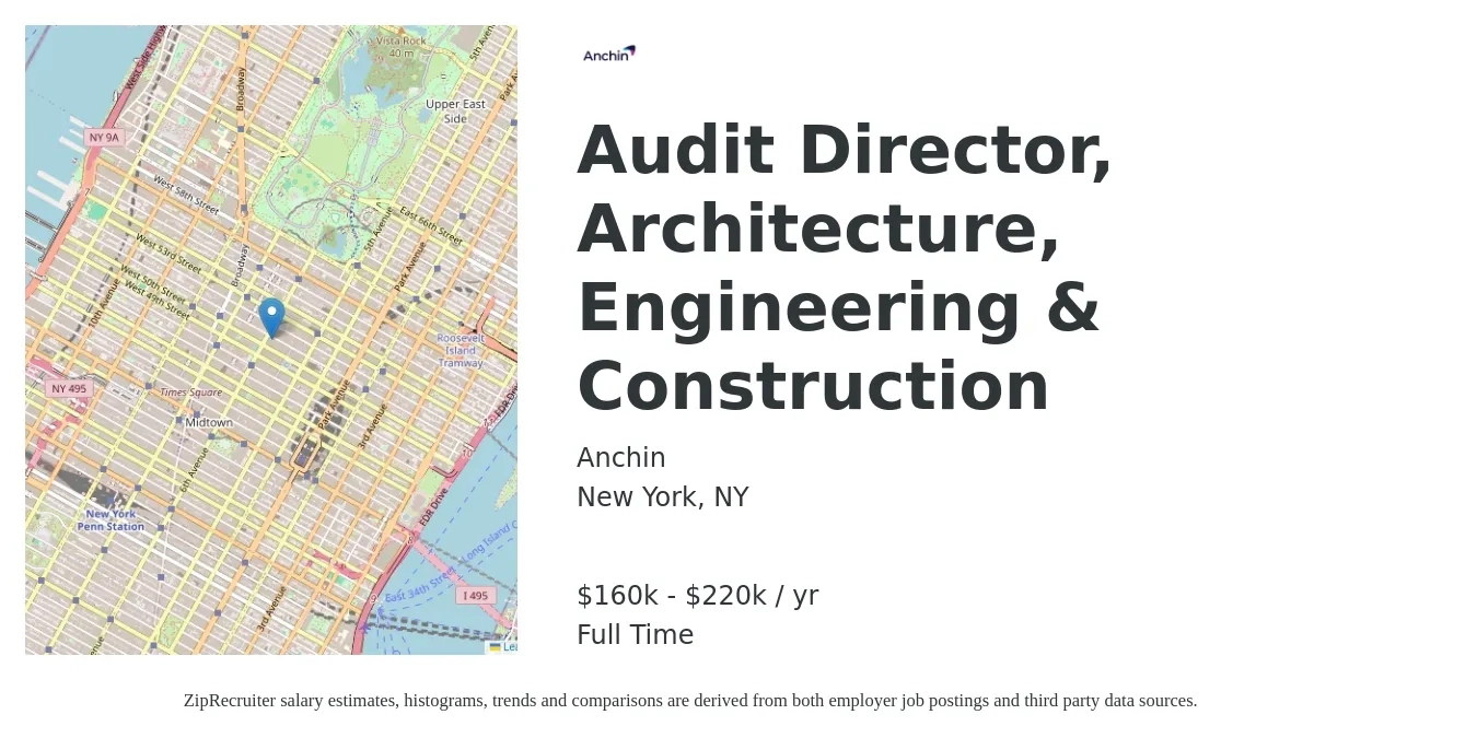 Anchin job posting for a Audit Director, Architecture, Engineering & Construction in New York, NY with a salary of $160,000 to $220,000 Yearly with a map of New York location.