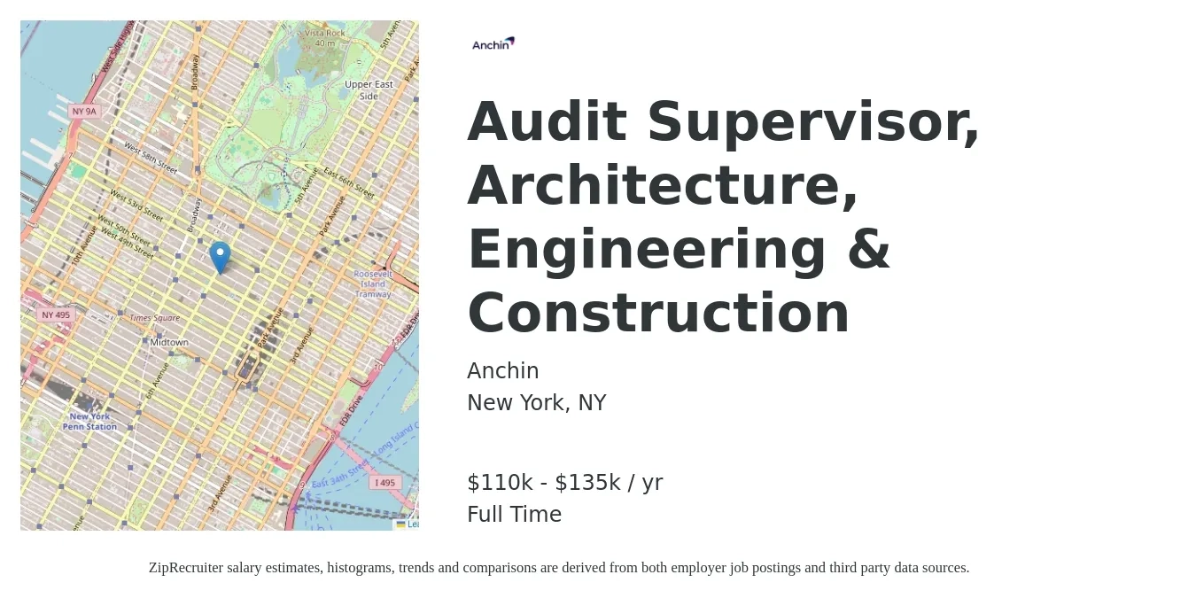 Anchin job posting for a Audit Supervisor, Architecture, Engineering & Construction in New York, NY with a salary of $110,000 to $135,000 Yearly with a map of New York location.