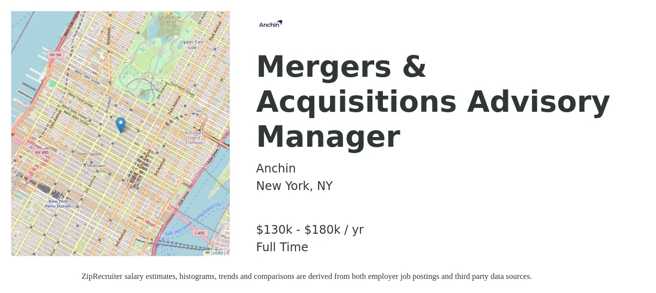 Anchin job posting for a Mergers & Acquisitions Advisory Manager in New York, NY with a salary of $130,000 to $180,000 Yearly with a map of New York location.
