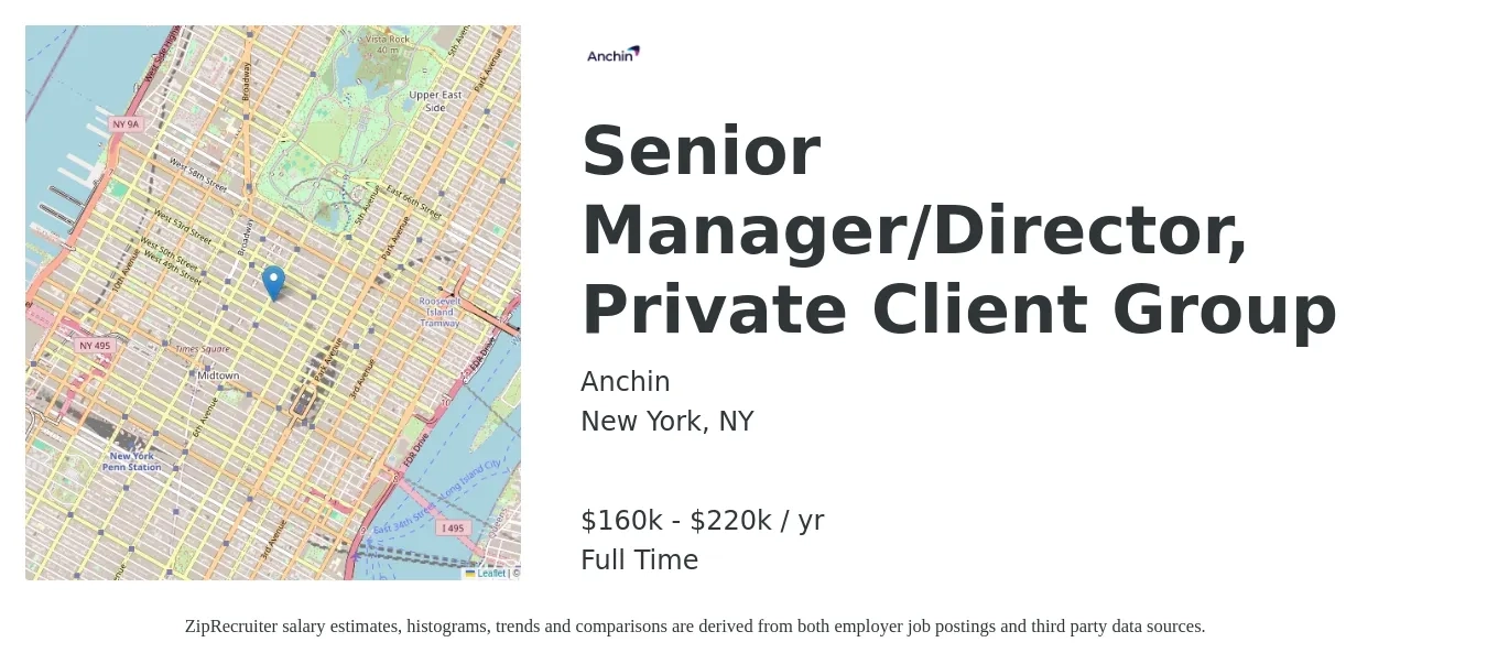Anchin job posting for a Senior Manager/Director, Private Client Group in New York, NY with a salary of $160,000 to $220,000 Yearly with a map of New York location.