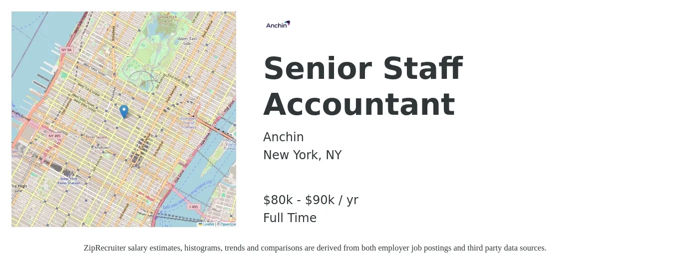 Anchin job posting for a Senior Staff Accountant in New York, NY with a salary of $80,000 to $90,000 Yearly with a map of New York location.