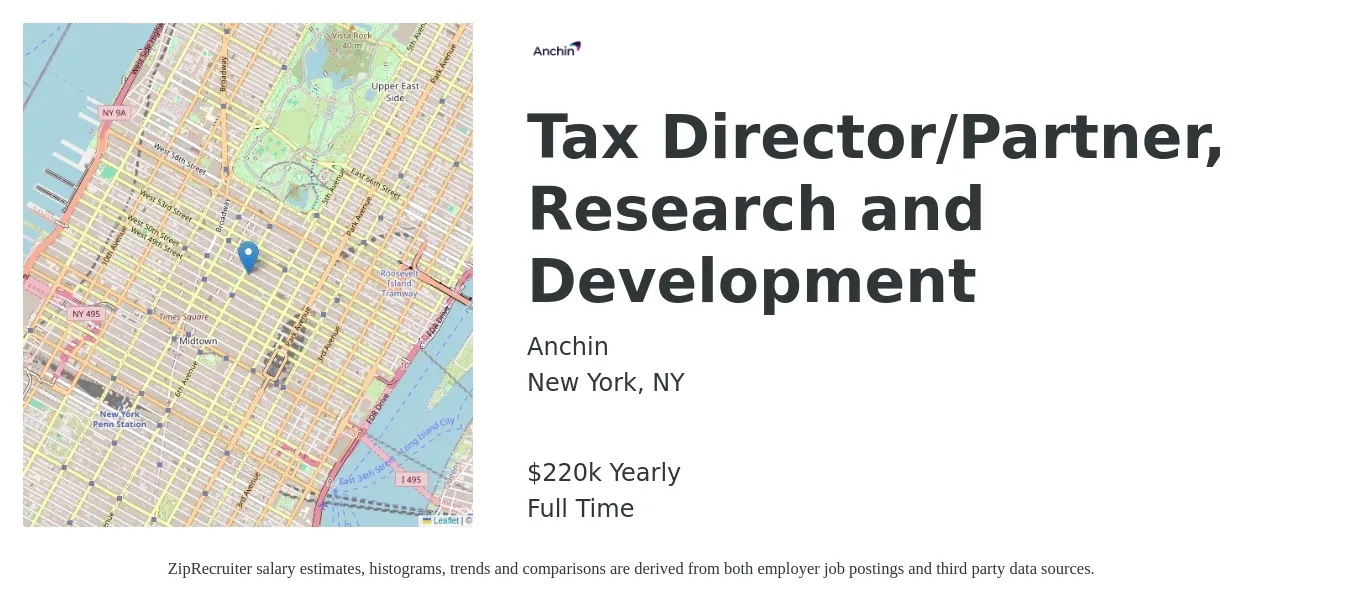 Anchin job posting for a Tax Director/Partner, Research and Development in New York, NY with a salary of $220,000 Yearly with a map of New York location.