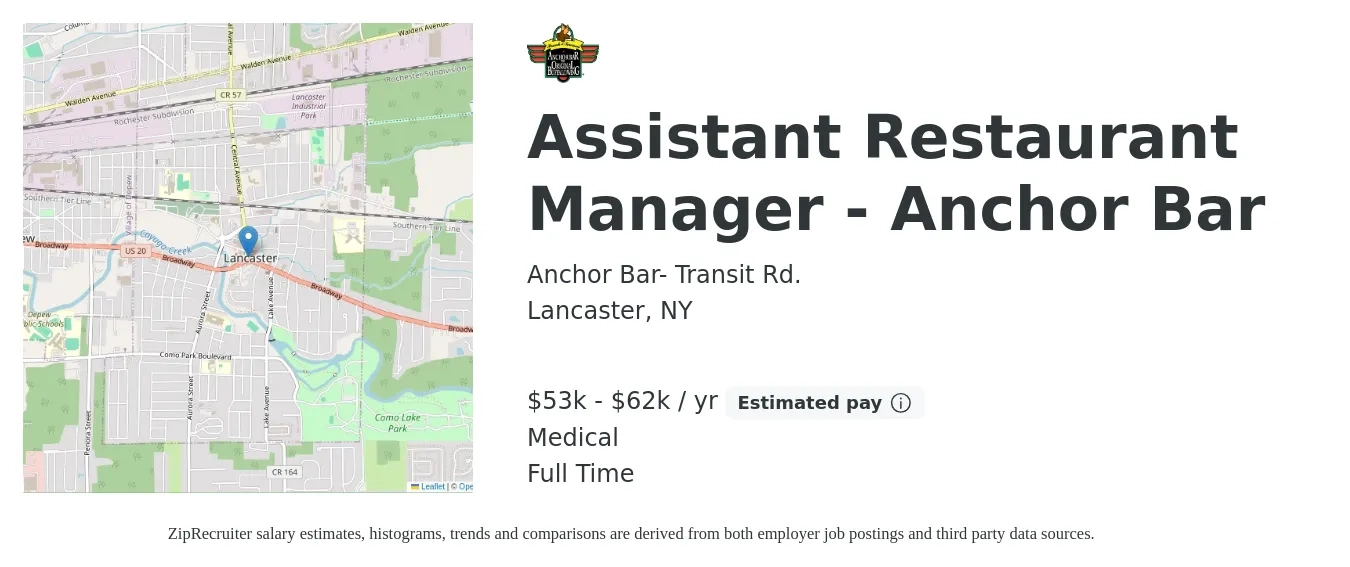 Anchor Bar- Transit Rd. job posting for a Assistant Restaurant Manager - Anchor Bar in Lancaster, NY with a salary of $21 to $24 Hourly and benefits including medical, and pto with a map of Lancaster location.