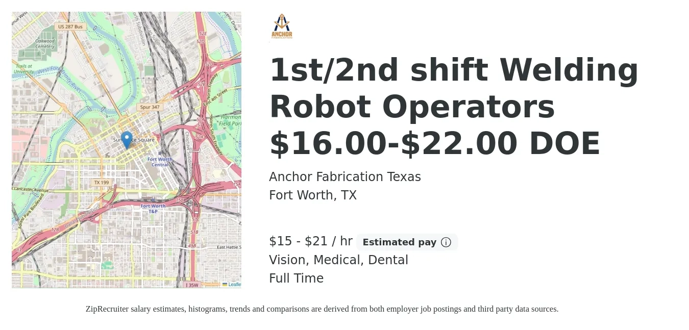 Anchor Fabrication Texas job posting for a 1st/2nd shift Welding Robot Operators $16.00-$22.00 DOE in Fort Worth, TX with a salary of $16 to $22 Hourly and benefits including dental, life_insurance, medical, pto, retirement, and vision with a map of Fort Worth location.