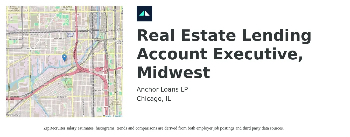 Anchor Loans LP job posting for a Real Estate Lending Account Executive, Midwest in Chicago, IL with a salary of $55,600 to $97,900 Yearly with a map of Chicago location.