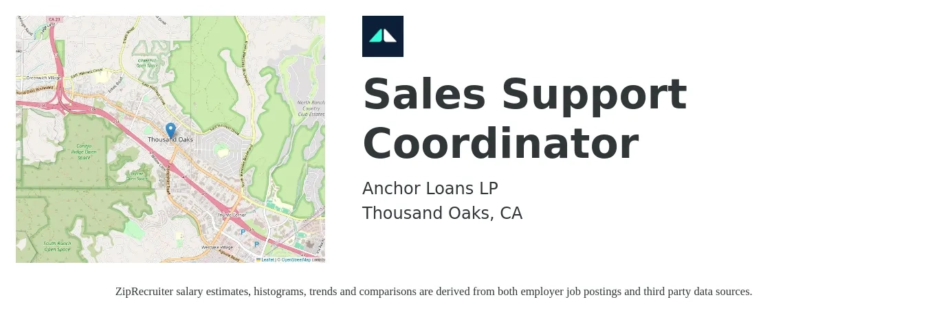 Anchor Loans LP job posting for a Sales Support Coordinator in Thousand Oaks, CA with a salary of $22 to $29 Hourly with a map of Thousand Oaks location.