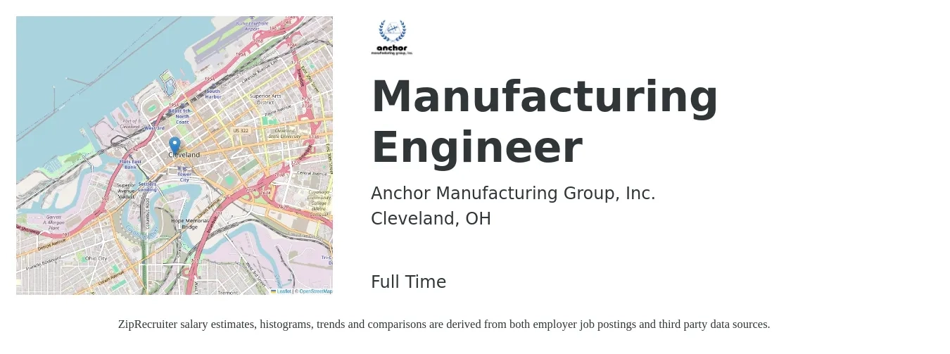 Anchor Manufacturing Group, Inc. job posting for a Manufacturing Engineer in Cleveland, OH with a salary of $70,800 to $91,200 Yearly with a map of Cleveland location.