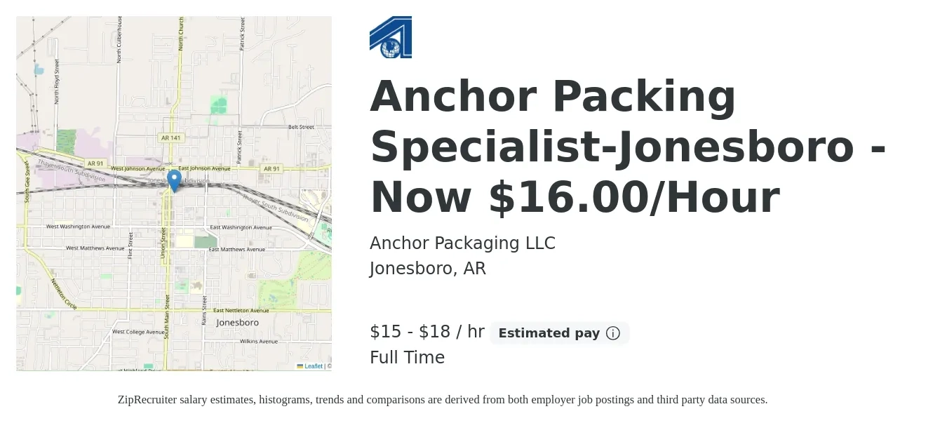 Anchor Packaging LLC job posting for a Anchor Packing Specialist-Jonesboro - Now $16.00/Hour in Jonesboro, AR with a salary of $16 to $20 Hourly with a map of Jonesboro location.