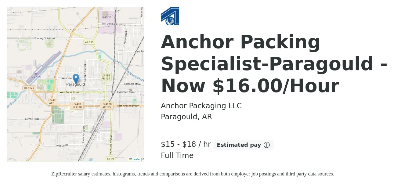 Anchor Packaging LLC job posting for a Anchor Packing Specialist-Paragould - Now $16.00/Hour in Paragould, AR with a salary of $16 to $20 Hourly with a map of Paragould location.