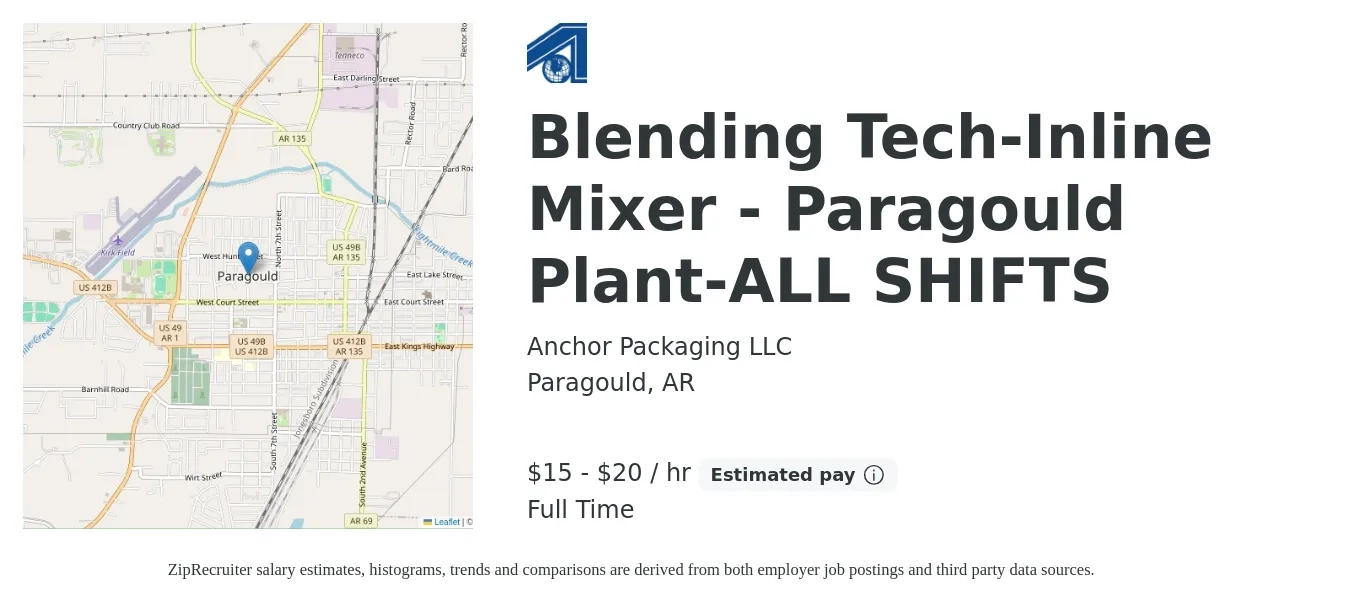 Anchor Packaging LLC job posting for a Blending Tech-Inline Mixer - Paragould Plant-ALL SHIFTS in Paragould, AR with a salary of $16 to $21 Hourly with a map of Paragould location.
