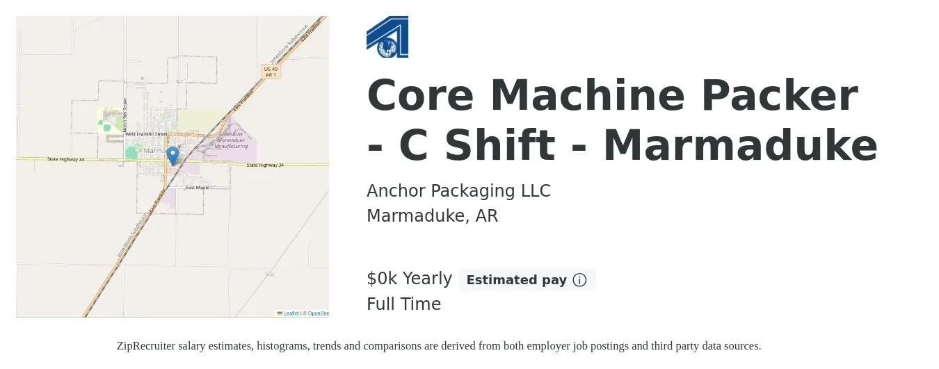 Anchor Packaging LLC job posting for a Core Machine Packer - C Shift - Marmaduke in Marmaduke, AR with a salary of $14 to $18 Yearly with a map of Marmaduke location.