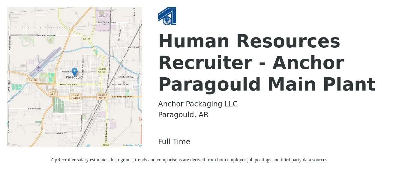 Anchor Packaging LLC job posting for a Human Resources Recruiter - Anchor Paragould Main Plant in Paragould, AR with a salary of $20 to $30 Hourly with a map of Paragould location.