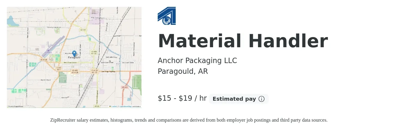 Anchor Packaging LLC job posting for a Material Handler in Paragould, AR with a salary of $16 to $20 Hourly with a map of Paragould location.