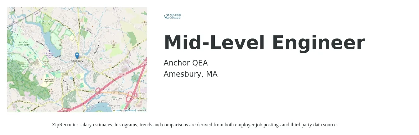Anchor QEA job posting for a Mid-level Engineer in Amesbury, MA with a salary of $90,700 to $125,800 Yearly with a map of Amesbury location.