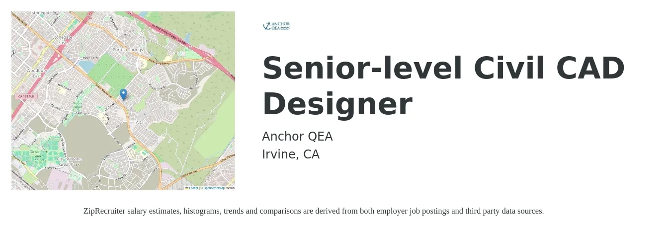 Anchor QEA job posting for a Senior-level Civil CAD Designer in Irvine, CA with a salary of $78,780 to $88,000 Yearly with a map of Irvine location.