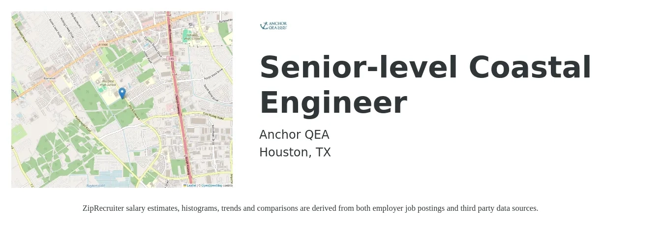 Anchor QEA job posting for a Senior-level Coastal Engineer in Houston, TX with a salary of $99,700 to $137,000 Yearly with a map of Houston location.