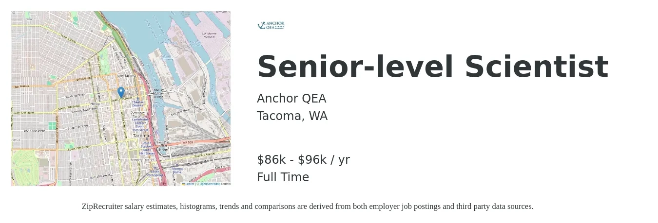 Anchor QEA job posting for a Senior-level Scientist in Tacoma, WA with a salary of $86,000 to $96,000 Yearly with a map of Tacoma location.