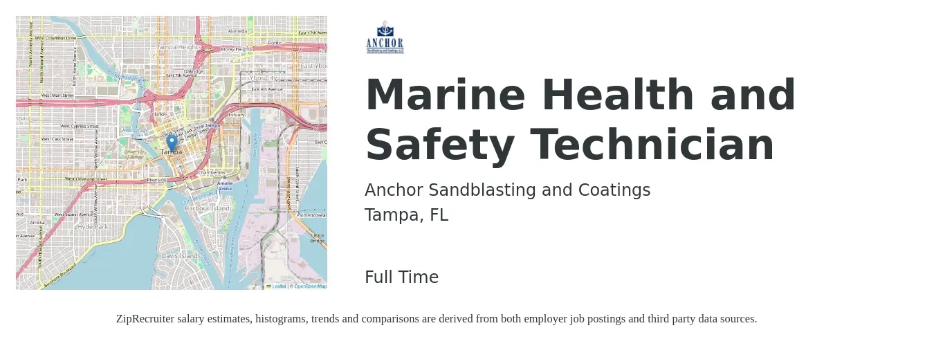 Anchor Sandblasting and Coatings job posting for a Marine Health and Safety Technician in Tampa, FL with a salary of $22 to $24 Hourly with a map of Tampa location.
