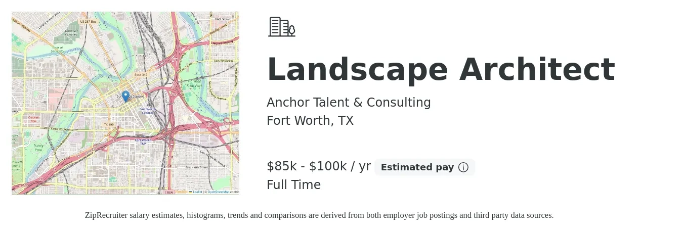 Anchor Talent & Consulting job posting for a Landscape Architect in Fort Worth, TX with a salary of $85,000 to $100,000 Yearly with a map of Fort Worth location.